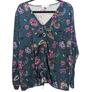 Eye Candy 2X Blouse Top Shirt Floral Print ruching at front waist and wrists